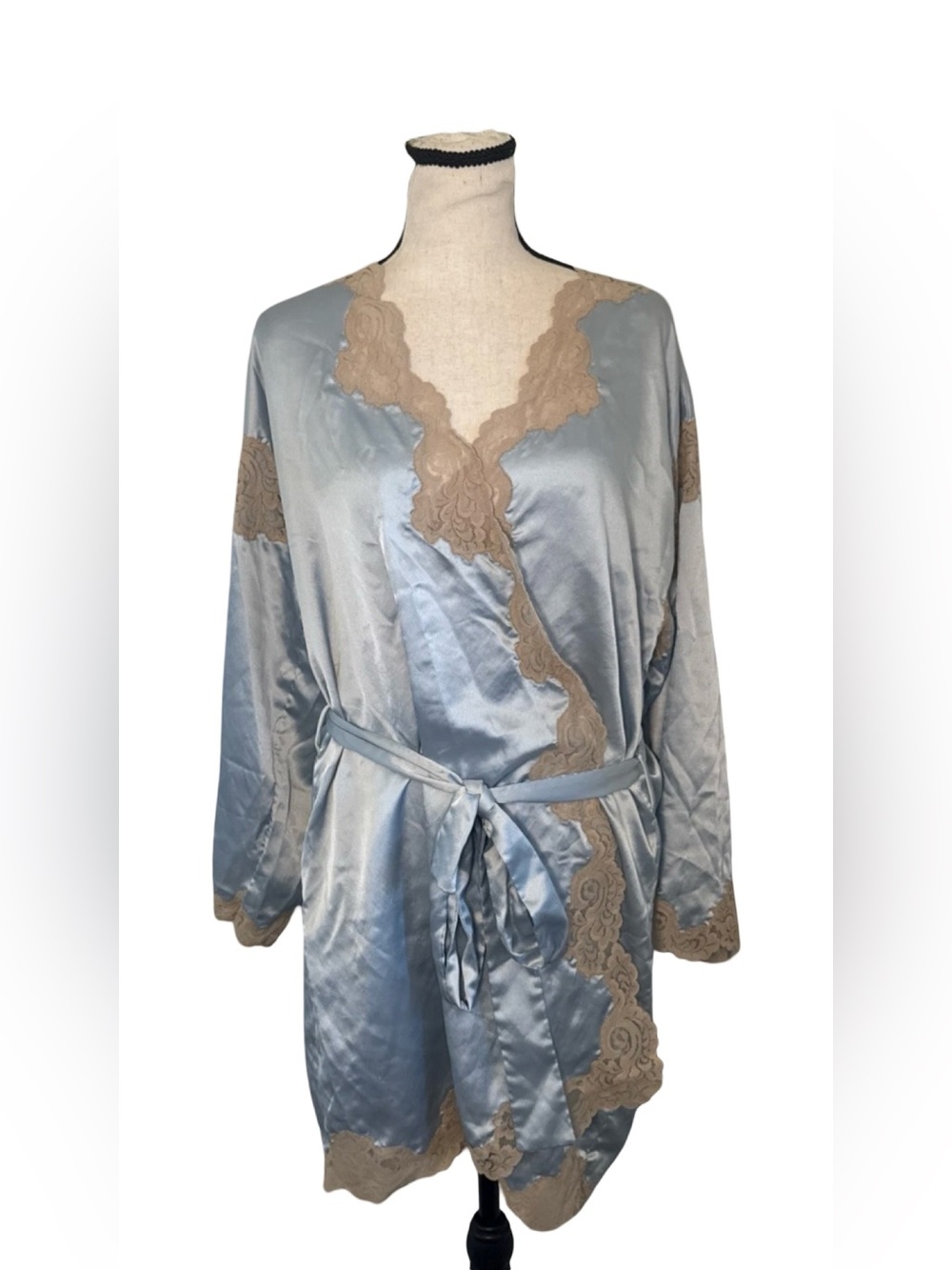 Vintage Bill Tice Satin Robe Blue Lace Trim Peignoir Belted Lingerie 70s 80s